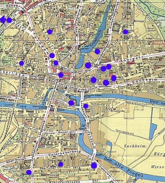 Stadtplan von Königsberg i. Pr. mit die Kirchen eingezeichnet