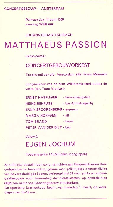 Leaflet with announcement of performance of Bach's Matthaeus-Passion, with Eugen Jochum in 1965